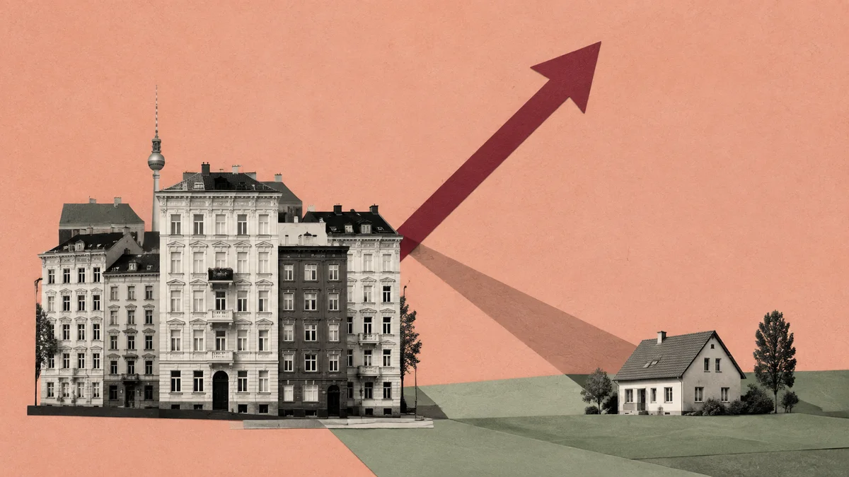 Berliner Mehrfamilienhäuser und ein Haus im Grünen im Schatten eines steigenden Zinspfeils