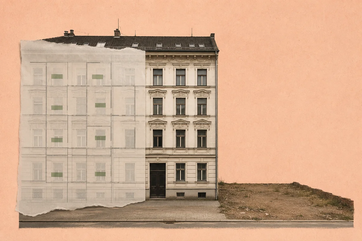 Berliner Wohnhaus mit transparentem Register und unbebautem Nachbargrundstück